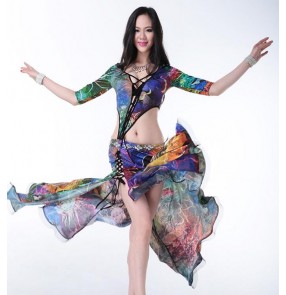 Rainbow printed colored short sleeves v neck split set performance competition sexy fashion women's belly dance costumes long dresses outfits